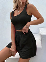 Black ribbed knit crop top and high-waist shorts set with scoop neck and elastic waistband.