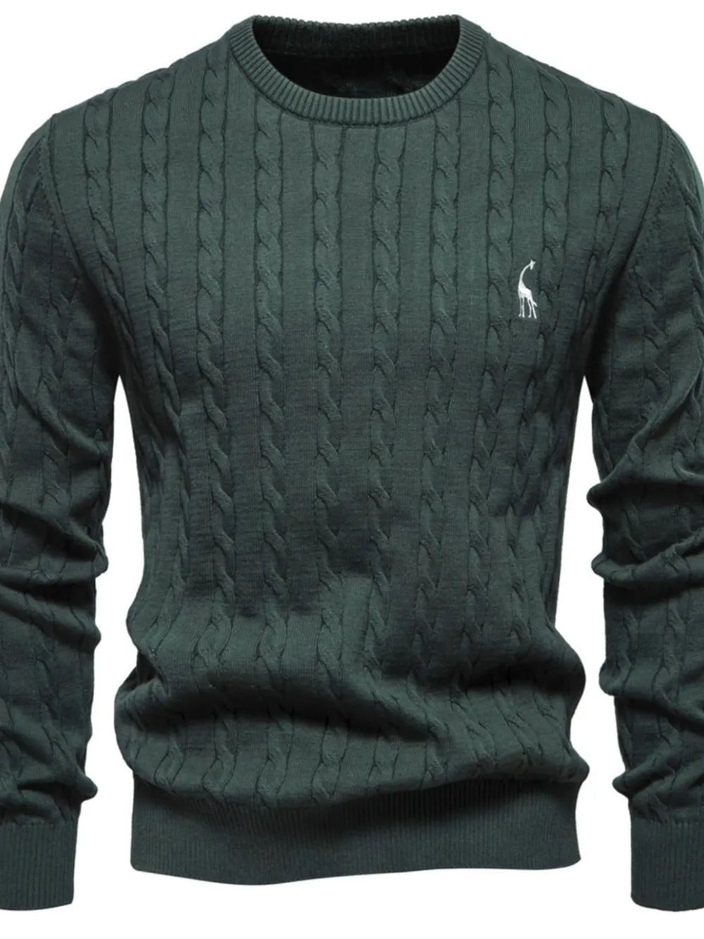 Dark Forest green cable knit crewneck sweater with embroidered giraffe detail.