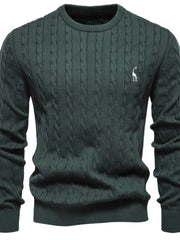 Dark Forest green cable knit crewneck sweater with embroidered giraffe detail.