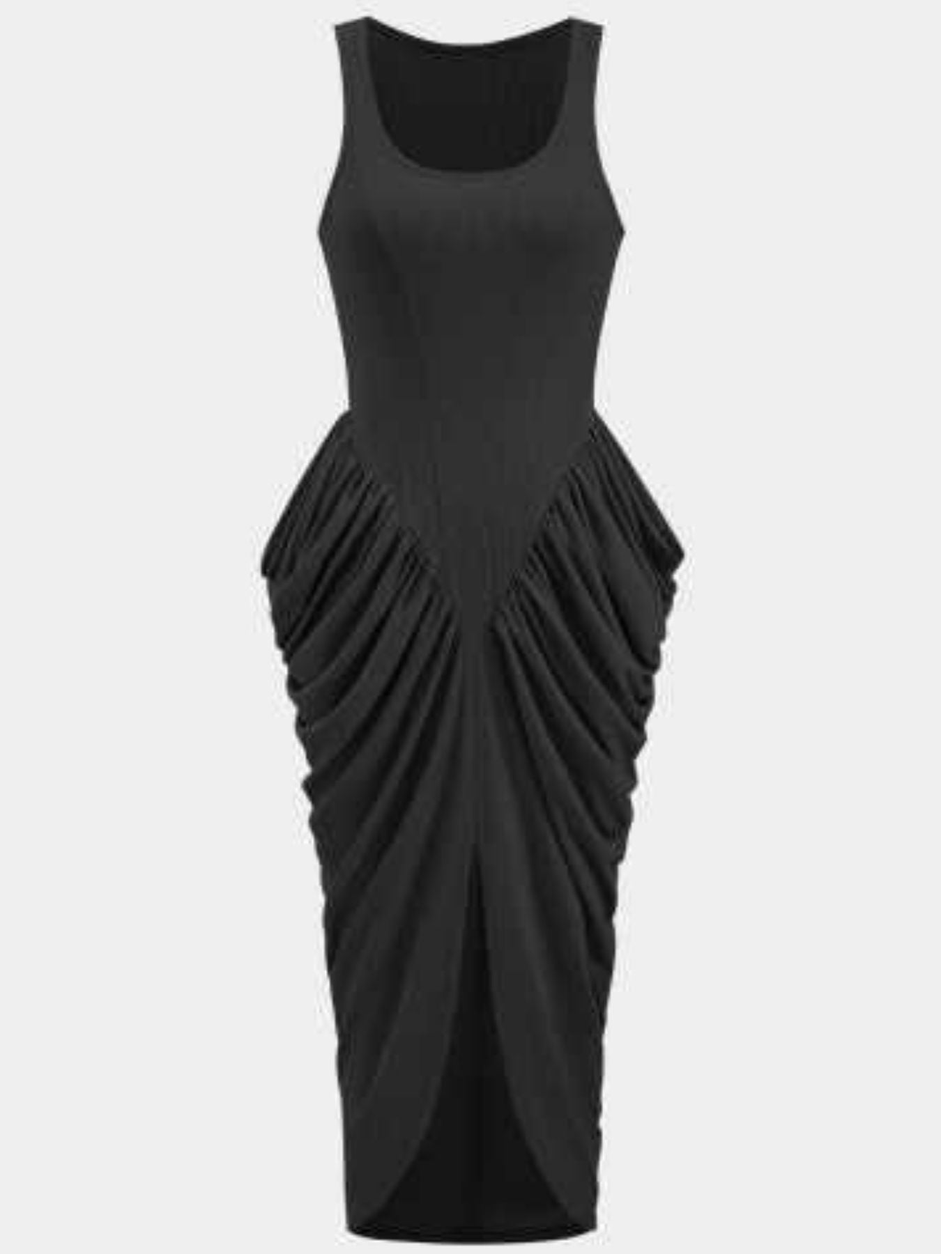 Black ruched midi dress with slit and scoop neck.