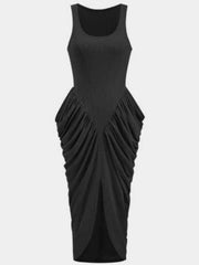 Black ruched midi dress with slit and scoop neck.