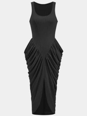 Black ruched midi dress with slit and scoop neck.