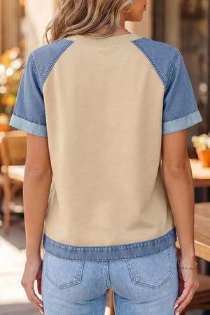 Color block t-shirt with beige body and denim sleeves, round neck, short sleeves.