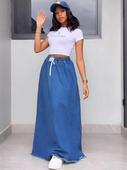 Effortless Denim Maxi Skirt With Raw Hem