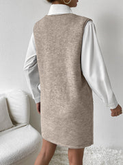 Sleeveless knit mini dress in mocha with pocket detail, styled over a white shirt.