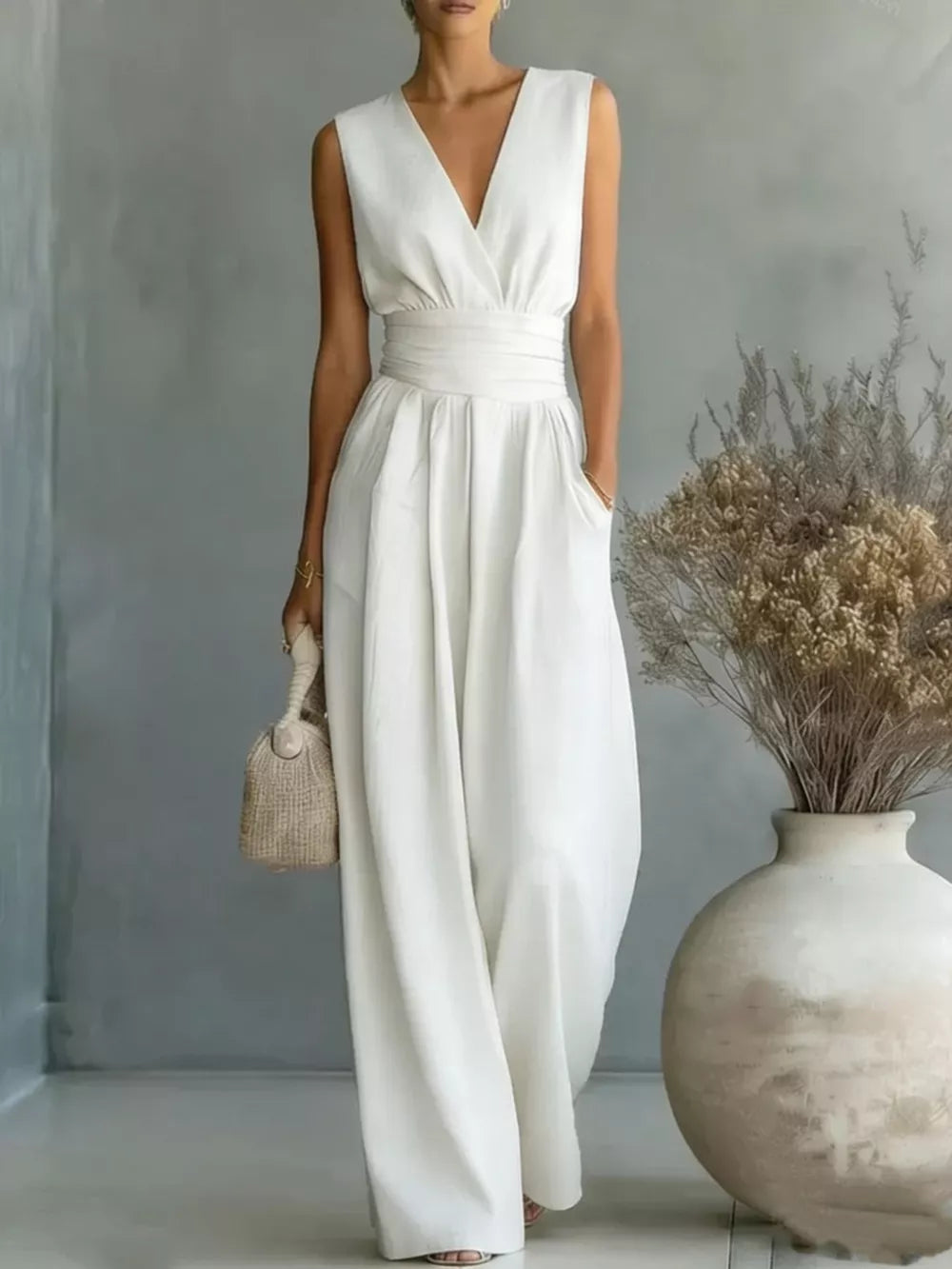 White sleeveless wide-leg jumpsuit with V-neck, cinched waist, and pockets.