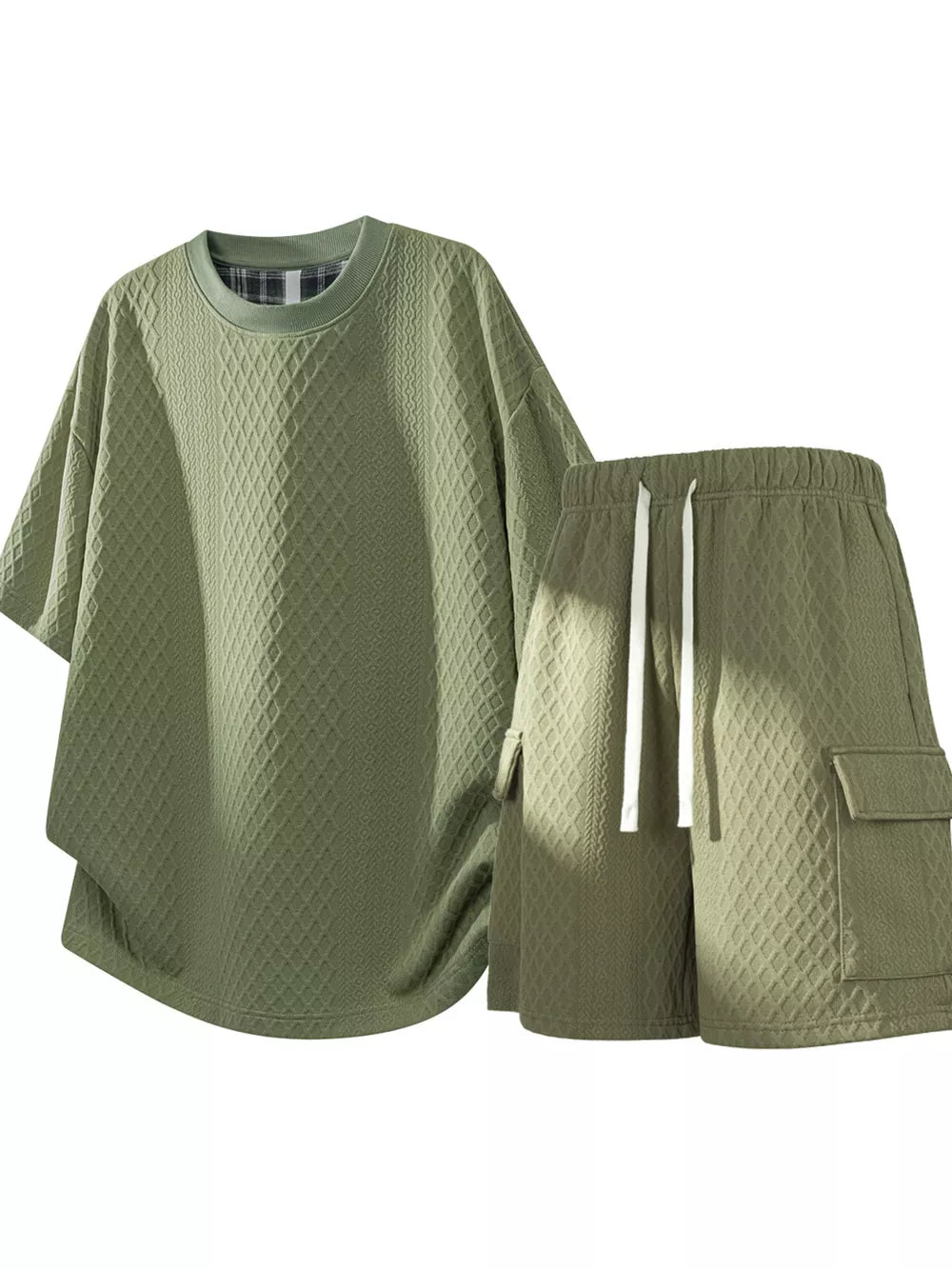 Men's Plus Size Textured Casual Top And Shorts Set in Black, front view