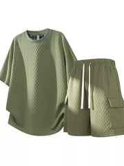 Men's Plus Size Textured Casual Top And Shorts Set in Black, front view