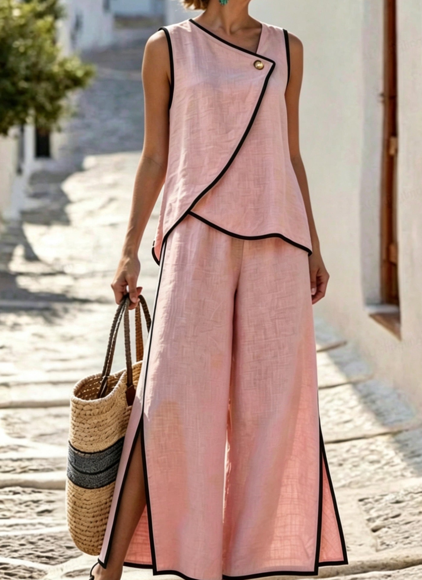 Contrast Trim Top And Slit Pants Set, product detail