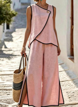 Contrast Trim Top And Slit Pants Set, product detail