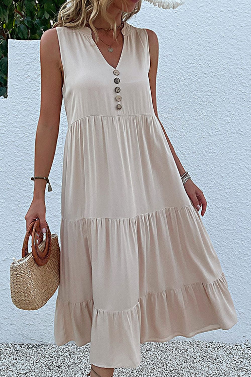 Khaki viscose button-down dress with tiered ruffle hemline and V-neck.