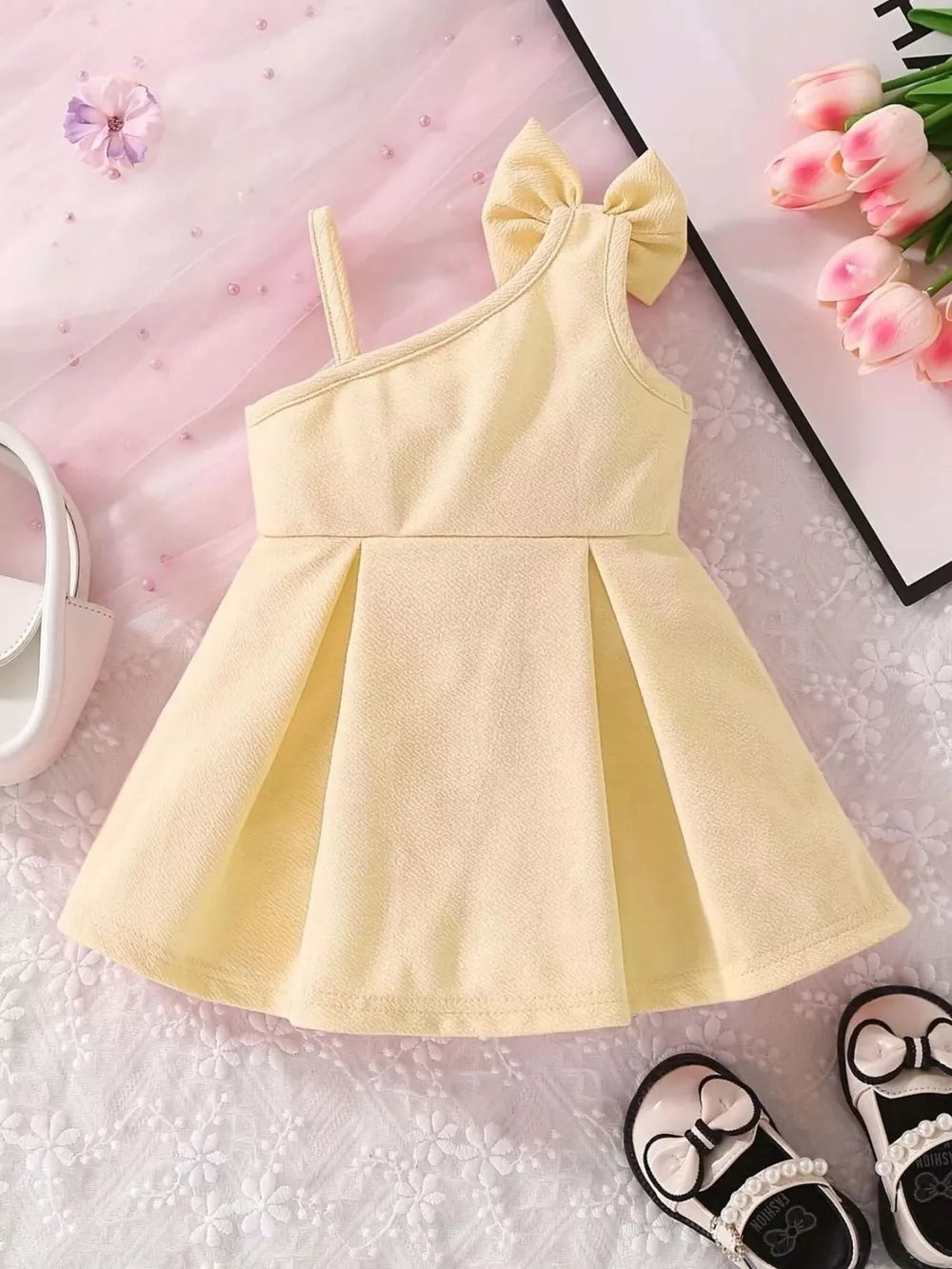 Children's Bow Asymmetrical Shoulder Dress, model styling view