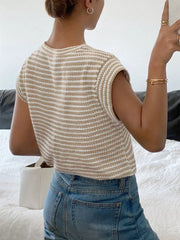 Full Size Striped Round Neck Short Sleeve T-shirt, fabric detail