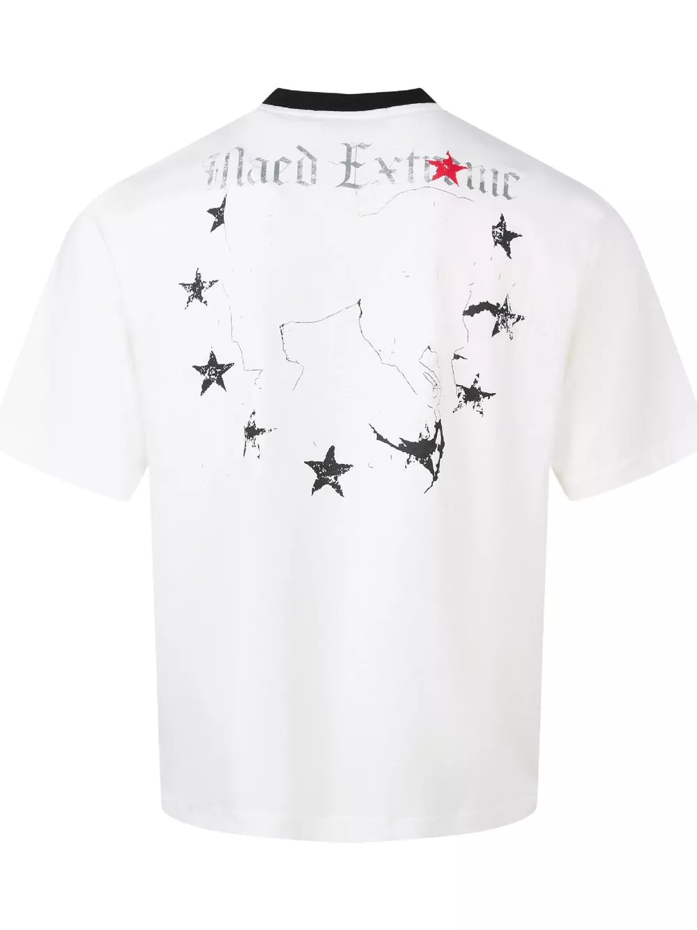 White cotton spandex t-shirt with distressed cat graphic and stars print.