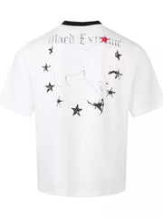 White cotton spandex t-shirt with distressed cat graphic and stars print.