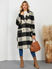 Checked plaid double-breasted cocoon coat with gold buttons and pockets