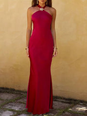 Elegant Halter Neck Satin Maxi Gown