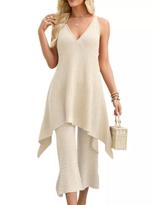 Khaki knit asymmetrical hem two-piece set with V-neck sleeveless top and wide-leg pants.