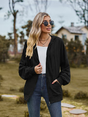 Black textured knit dolman sleeve zip-up hoodie with drawstring hood and pockets.