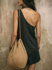 One Shoulder Linen Mini Dress Plus Size in Ivory, side view