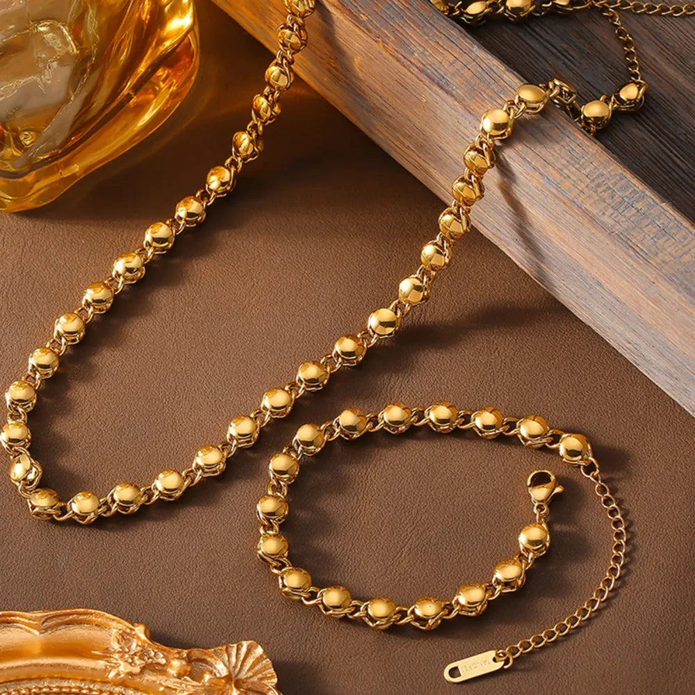 Gold orb chain necklace and bracelet set, 18K gold-plated copper jewelry.