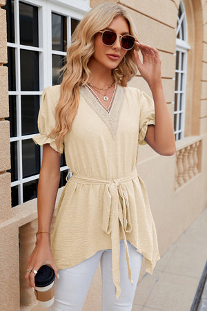 Light Yellow Dotted Swiss Asymmetric Hem Blouse with V-neck and tie waist
