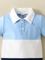 Baby one-piece with polo collar, color block sky blue and white cotton, two buttons