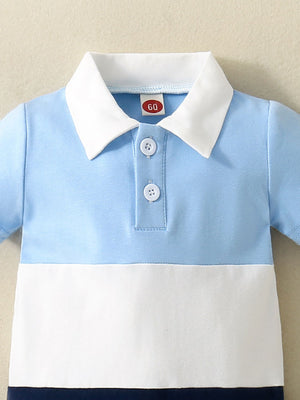 Baby one-piece with polo collar, color block sky blue and white cotton, two buttons