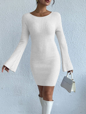 White ribbed knit dress with bell sleeves and a scoop neck.