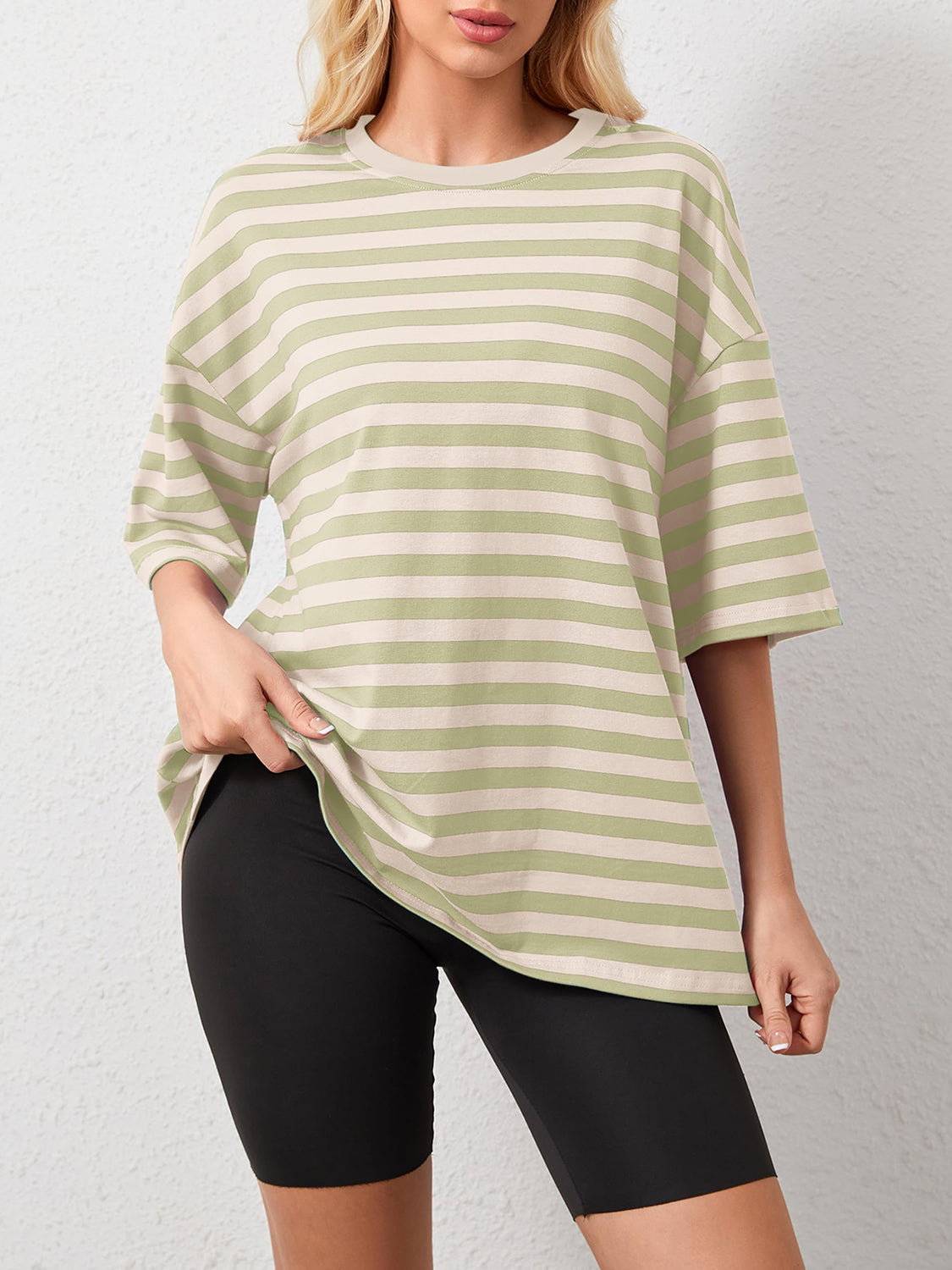 Oversized striped tee with dropped sleeves in Sage and light beige, crew neck, relaxed fit.