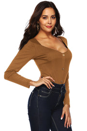 Ribbed long sleeve bodysuit in Caramel with square neckline and button front detail.