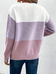 Colorblock ribbed knit sweater in white, lavender, and pink with a boatneck.