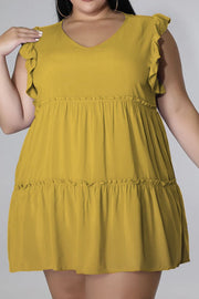 Mustard tiered ruffle babydoll mini dress with flutter sleeves and V-neck.