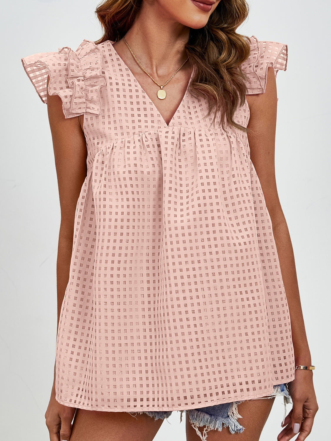 Apricot textured ruffle sleeve trapeze blouse with V-neck