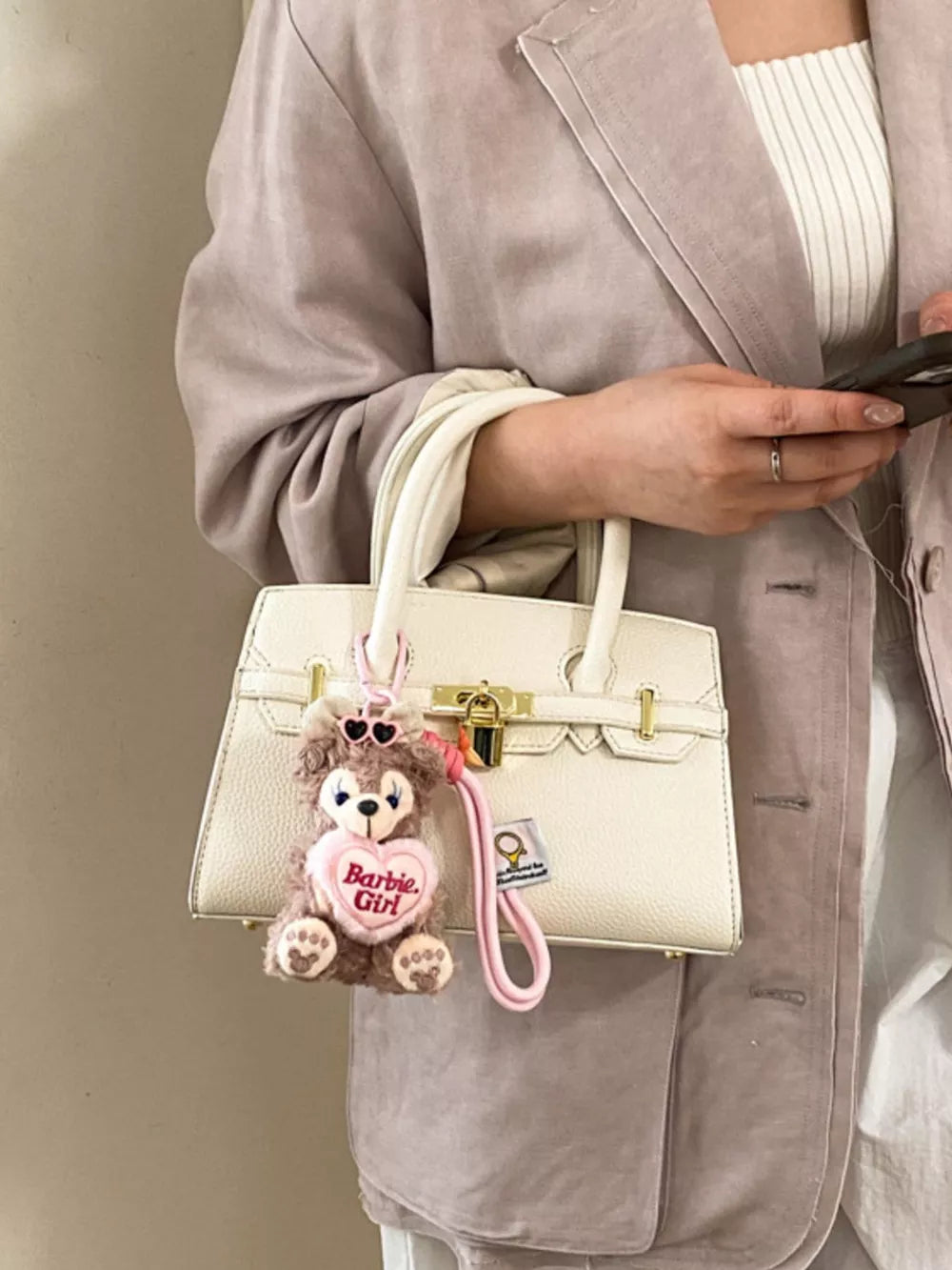 Lock Detail Top Handle Crossbody Bag in White, fabric detail