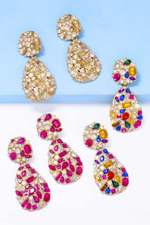 Gemstone cluster drop earrings in multicolor, hot pink, and apricot feature acrylic and alloy materials.