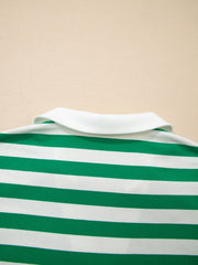 Green and white striped cotton polo shirt with a white collar.