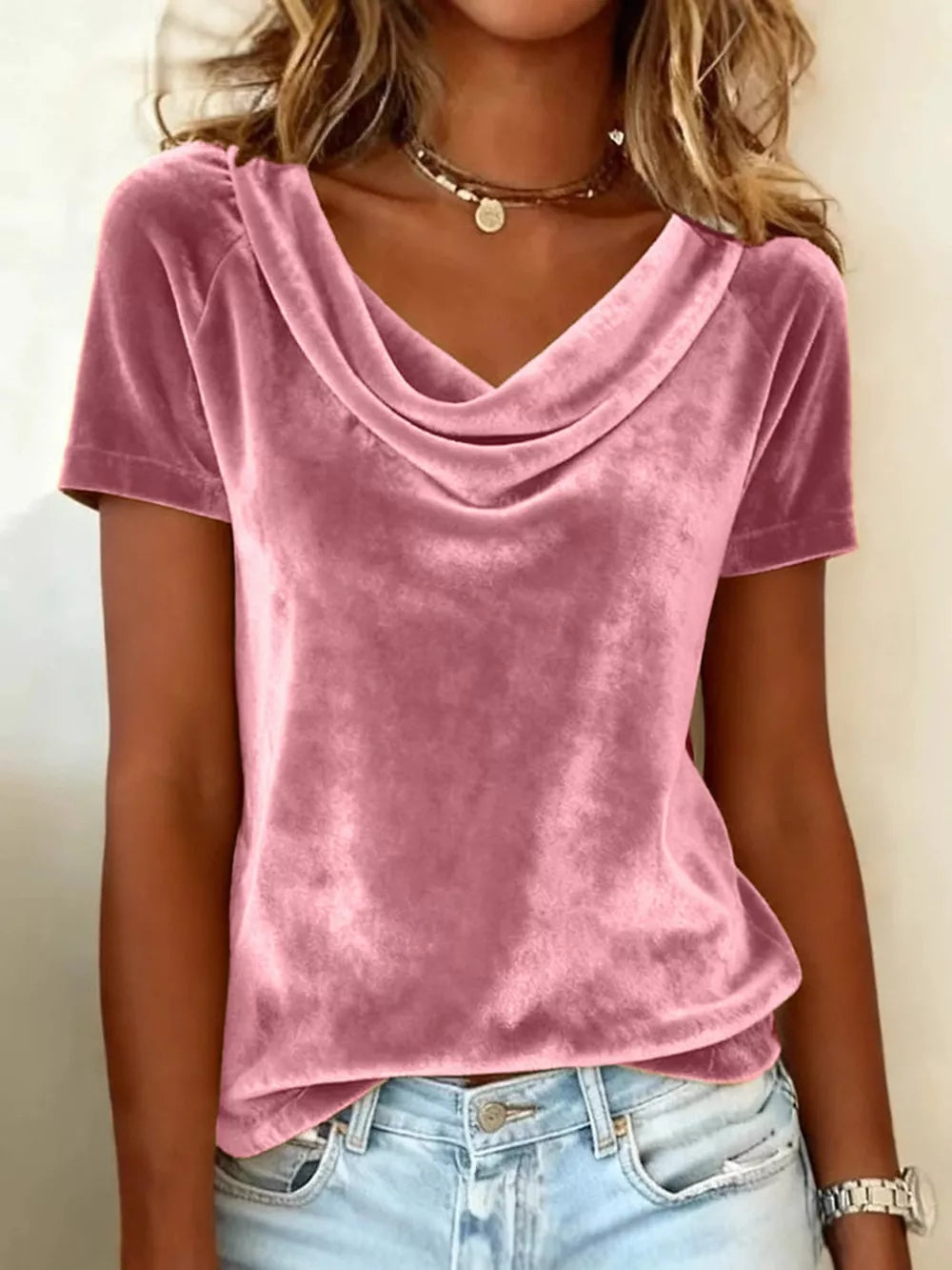 Dusty pink velvet t-shirt with short sleeves and a luxurious cowl neckline.