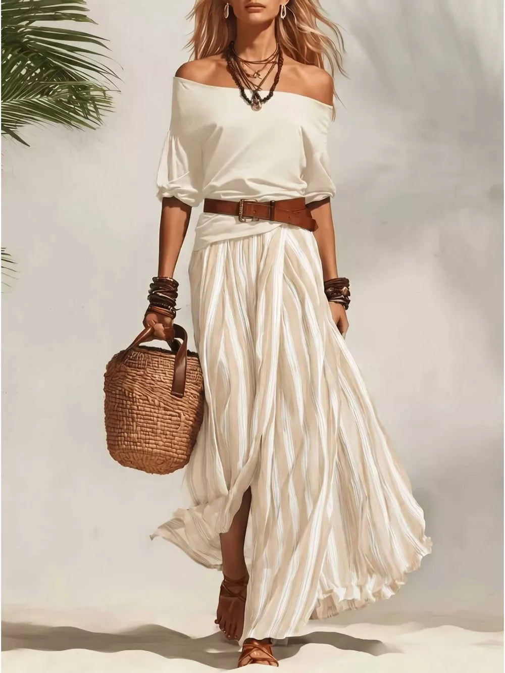 Ivory off-shoulder top and striped maxi skirt set with brown belt and basket bag.