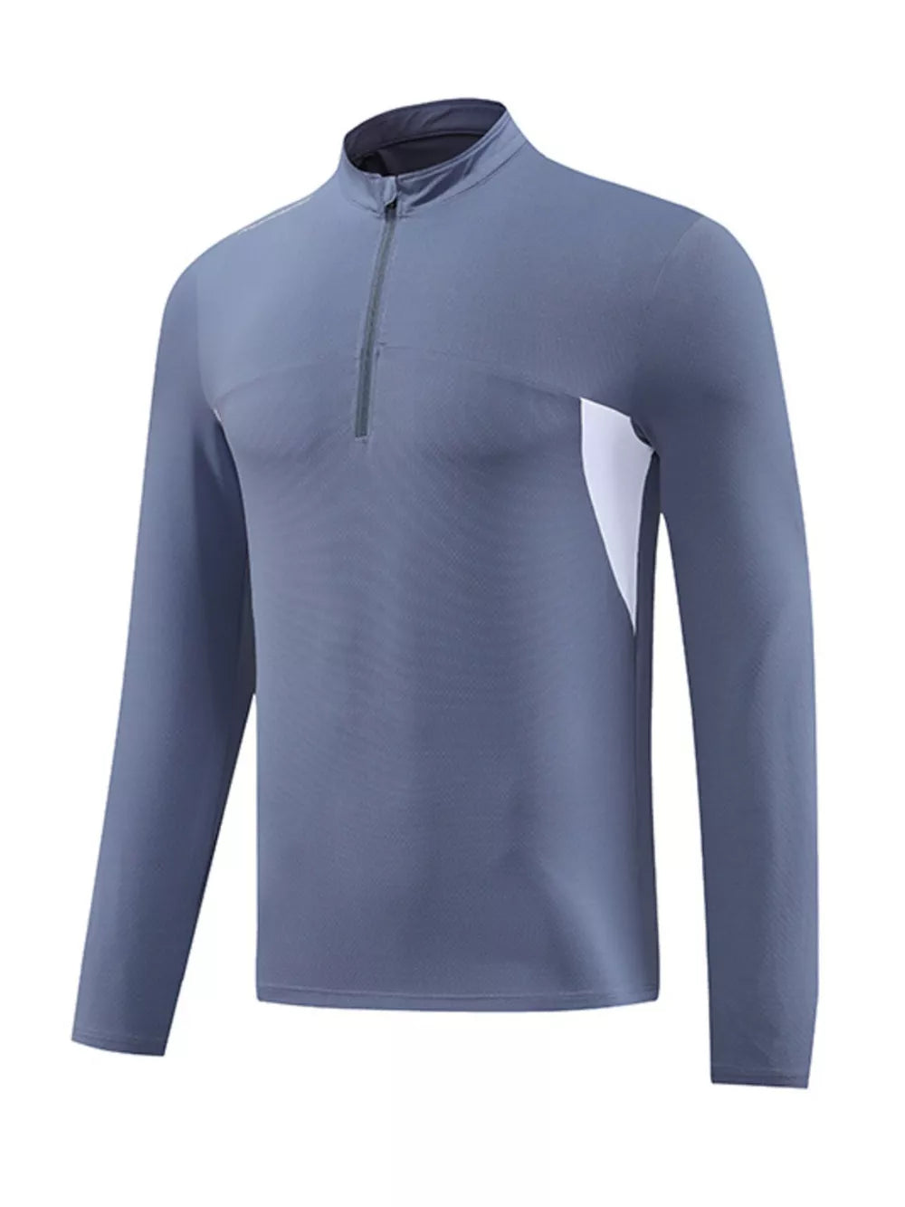 Men's Dusty Blue long sleeve activewear tee with quarter zip and white side panel.