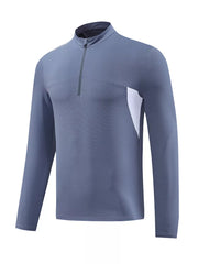 Men's Dusty Blue long sleeve activewear tee with quarter zip and white side panel.