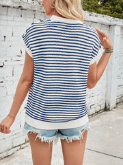 Textured stripe knit top in navy and white with cap sleeves and a crew neck.
