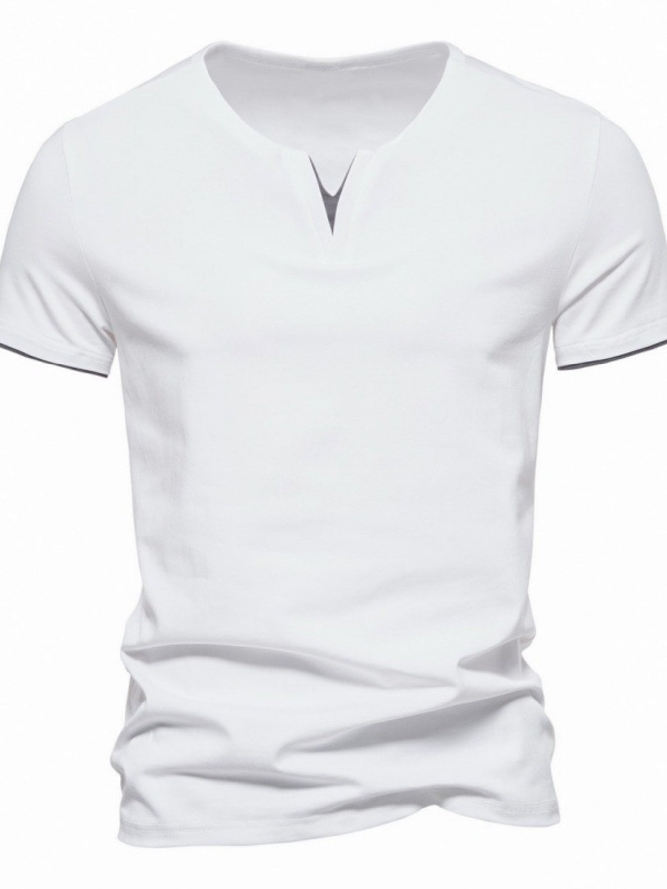 White cotton slim fit tee with notched V-neck and dark gray trim on sleeves.