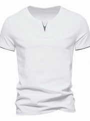 White cotton slim fit tee with notched V-neck and dark gray trim on sleeves.