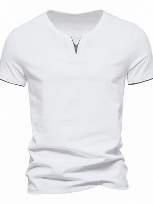White cotton slim fit tee with notched V-neck and dark gray trim on sleeves.