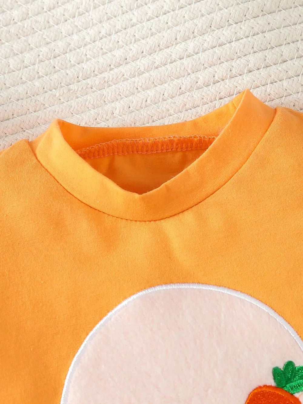 Children's Carrot Embroidered Round Neck One-piece & Hat Set in Orange, close-up detail