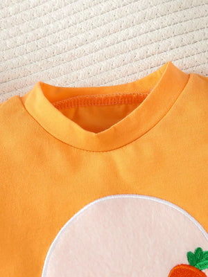 Children's Carrot Embroidered Round Neck One-piece & Hat Set in Orange, close-up detail