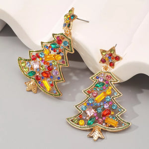 Festive rhinestone tree dangle earrings with colorful gems and gold alloy.