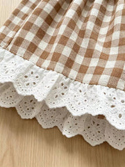 Brown gingham baby set with white eyelet ruffle trim detail