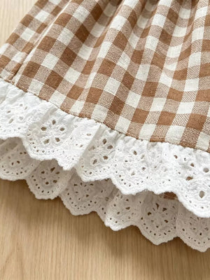 Brown gingham baby set with white eyelet ruffle trim detail